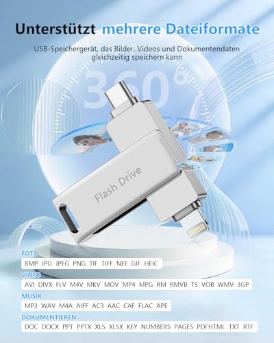 [Without App] USB Stick 512 GB for iPhone MFi Certified, Lncnnk 3 in 1 Flash Drive, Lightning USB 3.0 Memory Stick Photo Stick, USB C Stick for iPhone/iPad/OTG Android Mobile Phone/Mac/PC, Silver