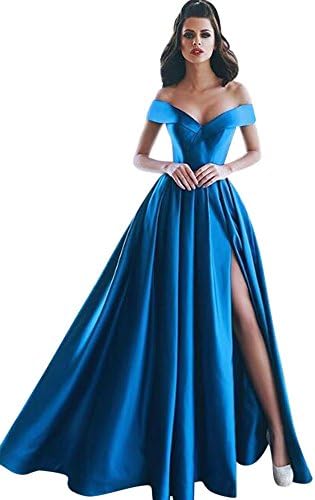 Harsuccting Off The Shoulder V-Neck Pleat Slit Long Satin Evening Prom Dress