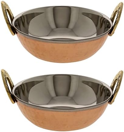 AVS STORE Serving Bowl Copper and Steel Karahi Indian Food Serveware Set of 2