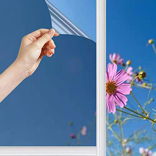 Tain-Free Mirror Window Film 99% Anti-UV, Anti-Heat, Anti-Gaze Temperature Control, Privacy Protection Adhesive Film for Windows, Home, Office, Store (Silver, 90 x 400 cm)