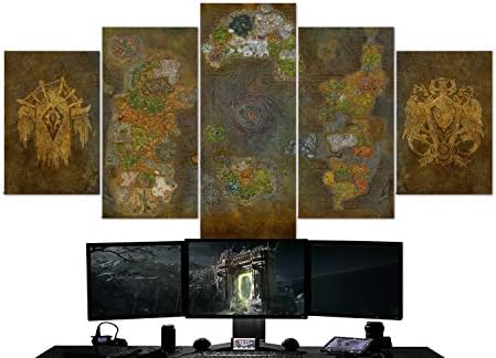 Game Wall Art - World of Warcraft, Azeroth Map, Horde, Alliance, Multi Panel Art, 5 Piece Canvas Wall Art, Gaming Canvas, Wall Decor, Framed Ready to Hang (X-Large 79"x40")
