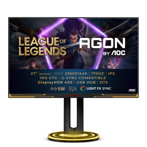 AOC AGON- 27 Inch QHD gaming Monitor, 170Hz, IPS, 1ms GTG, League of Legends Light FX Sync, height Adjust, FreeSync Premium, HDR 400 (2560 x 1440 @ 170Hz, 400 cd/m² HDMI 2.0 / DP 1.4 / USB 3.2)