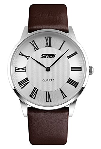 CakCity Men's Roman Numeral Stainless Steel Quartz Analog Wrist Business Watch With Brown Leather Strap