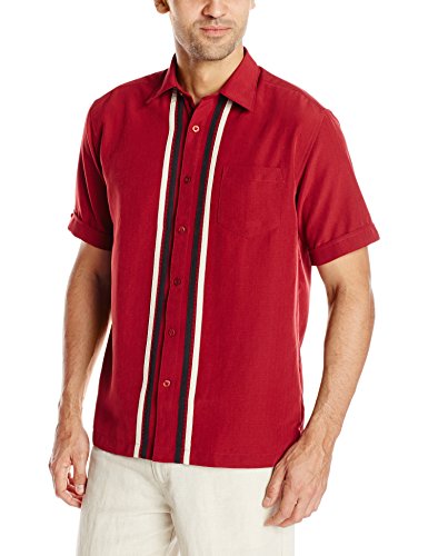Cubavera Men's Short Sleeve Tri Color Panel with Pickstich Woven Shirt, Biking Red, Large
