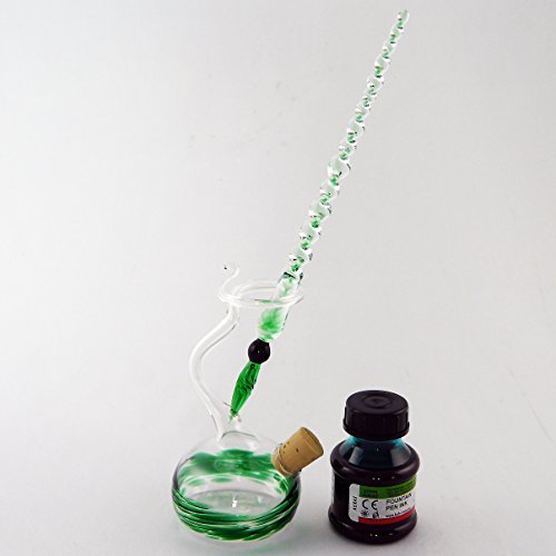 Glasfeder Glasfüller Glasfederhalter mit Tintenfass und Tinte Glasfederset Grün