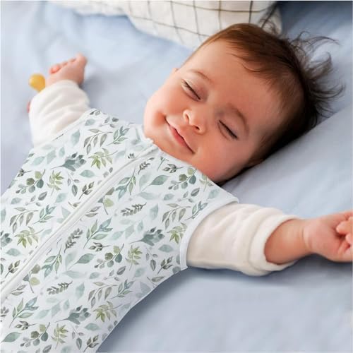 Saco-cama para bebés de verão, saco-cama unissex de 0,5 tog para bebés dos 18 aos 36 meses, algodão 100% respirável, saco ajustável de 85 a 100 cm, padrão de folhas verde-escuras