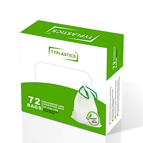 TYPLASTICS 30 Gallon Large White Drawstring Trash Bags - Industrial Garbage Bag - 72 Count