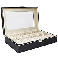 Aukfa Watch Collection Box,Watch Organizer Box Watch Organizer Storage Case Watch Holder Jewelry Storage Case 12 Compartments Top-Level Opening Style Leather Watch Collection Box Black