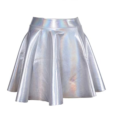 lychee Holographic Hologram Shiny Metallic Silver Flared Pleated Skater Skirt Dress