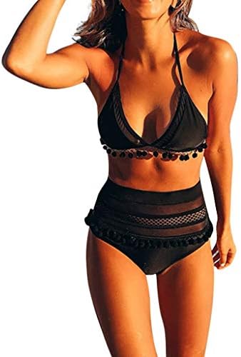 nanzhushangmao Women's High Waist Two Pieces Lace Bikini Set Padded Stripe Tassel Swimsuit，Maiô Feminino