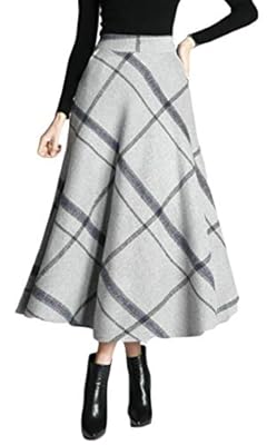 Lutratocro Women's Winter Plaid Swing Woolen High Rise Stylish Long Skirt