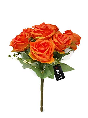 9 Head Small Artificial Tea Rose Flower Bush x 31cm - Orange or Pink / Mauve (Orange)