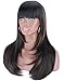 Kalyss Heat Resistant Yaki Human Hair Blended Wig with Hair Bangs Long Straight Layered Black Wigs with Brown Highlights Natural Looking Centre Parting Hair Replacement Wigs for Women