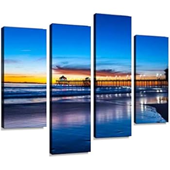Huntington Beach Pier at Sunset Canvas Wall Art Hanging Paintings Modern Artwork Abstract Picture Prints Home Decoration Gift Unique Designed Framed 4 Panel
