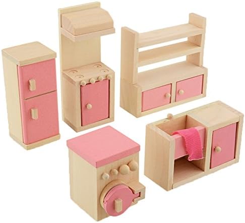 Wooden Doll Kitchen House Furniture Cooker Fridge Cupboard Dollhouse Miniature Set For Kids Children Child Gift Collectible Craft