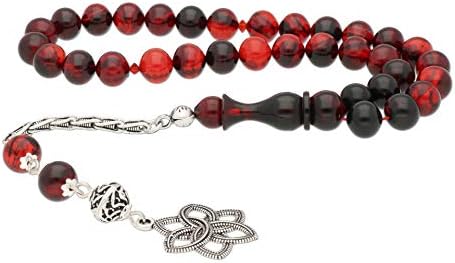 AQILA Prayer Beads with Decorated Tassel 925 Sterling Silver Handmade T51 Fire Red