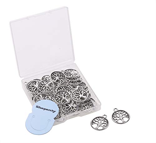Shapenty Round Metal Tree of Life Charms Pendants Beads Bulk Jewelry Findings Making Accessory for DIY Craft Bracelet Necklace Earring Keychain, 50PCS (Antique Silver)