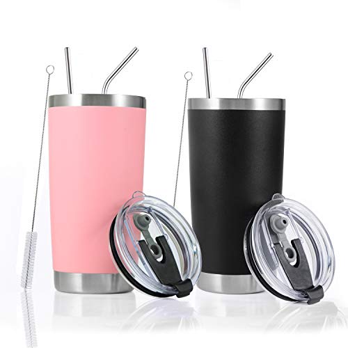 Toopify 20oz Stainless Steel Insulated Tumbler Travel Mug with Straw Slider Lid, Cleaning Brush, Double Wall Vacuum,Black+Pink 2 Set