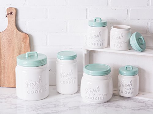DII 2-Piece Vintage, Retro, Farmhouse Chic, Mason Jar Inspired Ceramic Kitchen Canister, Cookie Jar With Airtight Lid For Food Storage, Store Coffee, Cookies, Crackers, Chips and More - Aqua