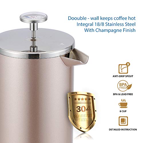 SULIVES Large Stainless Steel French Press Coffee Maker Double Wall Vacuum Insulated Stainless Steel- 34oz/ 1000ml (Champagne Gold)