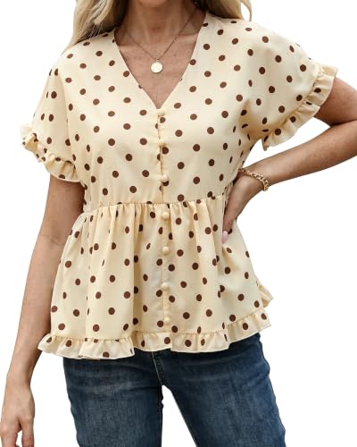 AIWUFLY Womens Polka Dot Ruffle Top Summer Shirt Light Khaki Medium at Amazon