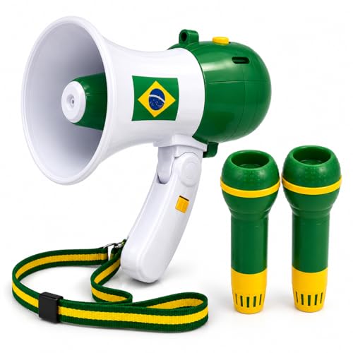Kit Torcida Copa do Mundo com Mini Megafone + 2 Microfones | Som de Torcida Brasileira + Função Amplificador de Voz | Brinquedo para Festa, Jogos, Copa e Comemorações