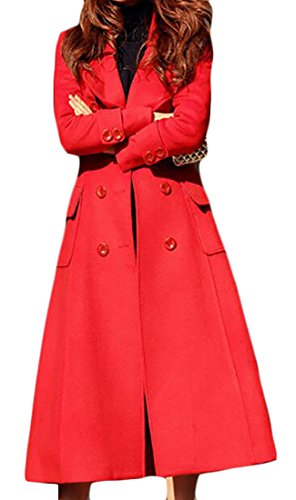WSPLYSPJY Women's Elegant Wool Blend Double Breasted Coats Long Winter Trenches Red L
