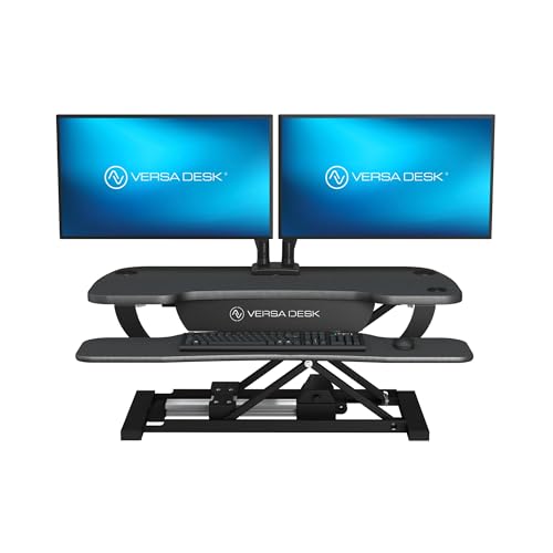 VERSADESK PowerPro 36 Inch Electric Standing Desk Converter – Push-Button Height Adjustable Sit to Stand Desk Riser for Dual Monitors & Laptop – Motorized Desktop Workstation with Wide Keyboard Tray
