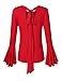 SunnyLady Women Lace Up Blouse Tie Back Ruffle Trumpet Long Bell Sleeve Flare Knit Top Red XL