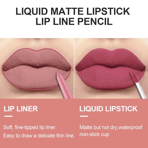 2PCS NUDE COLOR MATTE LIQUID LIPSTICK AND LIP LINER PENCIL SETS, HIGH PIGMENTED RETRACTABLE LIPLINER FOR DAILY MAKEUP, WOMEN LONG LASTING SMUDGE PROOF LIPSTICK AND LIP LINERS COMBO PENCIL