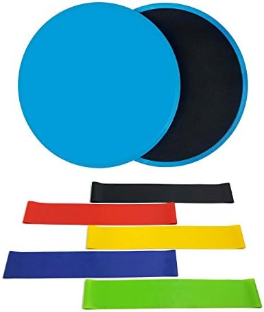 Set of 2 Core Sliders Dual Sided Gliding Disc and 5 pcs Resistance Loop Bands Fitness Equipment Rubber Loop with carry bag for Stretching Physical Therapy Yoga and Home Fitness