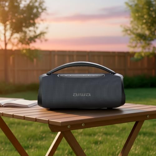 Aiwa AWQ680 Bocina Bluetooth Portátil de 30W RMS con Luces LED, Resistente al Agua IPX5, Función TWS, Bluetooth 5.3, USB hasta 32GB, Radio FM y Entrada AUX, Color Negro