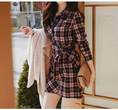 Amazon ワンピース ショート ミニ丈 七分袖 チェック柄 シャツワンピース シャツ ワンピ チェック シャツワンピ ローブ風 長袖 レディース 並行輸入品 ワンピース チュニック 通販