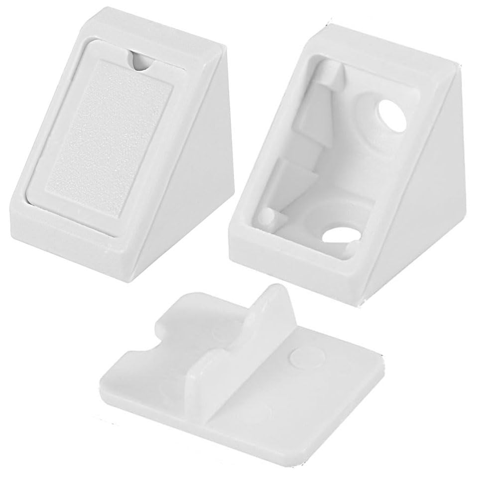 TOCHUN 50pcs Plastic Furniture Corner Braces with Covers, 2-Hole Right Angle Board Holder, L Shape Bracket, Shelf Support Corner Brace (White)