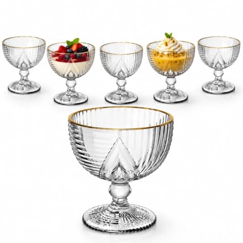 Jogo 6 Taças de Sobremesa de Vidro Borda Dourada Fio de Ouro 330ml Taças para Sorvete Mousse e Pudim com Design Imperial Elegante