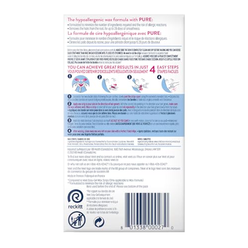VEET PURE Face Wax Strips for Sensitive Skin, Cold Wax with Hypoallergenic Formula & Fewer Chemicals, Up to 28 days of Smoothness, 40 Wax Strips + 4 Perfect Finish Wipes