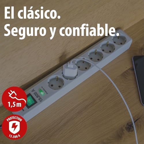 Eco-Line regleta de enchufes con 6 Tomas de Corriente y protección contra sobretensiones (Cable de 1,5 m, Interruptor Iluminado, protección sobretensión hasta 13.500 A) Gris