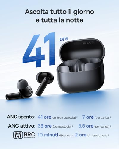 EP10 NC Cuffie Bluetooth, Auricolari Bluetooth 6.0, Cuffie Wireless In Ear con ANC -43dB, Driver 12mm, 24 Modi EQ, SuperBass, 4-Mic AI, IP55, 41 Ore di Riproduzione