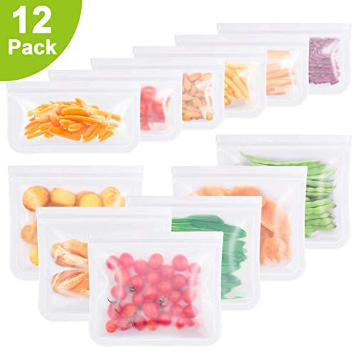Reusable Storage Bags ( Set of 12)-BPA FREE Silicone Fresh Food Bags, Freezer Bags, Gallon Bags, for Food , Fruits, Vegetable, Snack, Meat, Sandwich