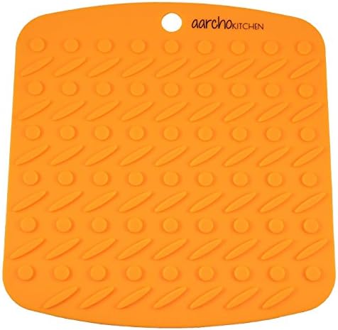 Set of (4) Aarcho Kitchen - Premium Flexible Silicone Pot Holders/Trivets, Durable, Non-slip Pads, Garlic Peelers, Spoon Rests, Multiple Uses (Orange)