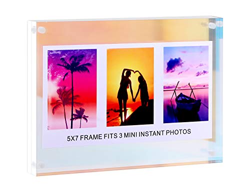 WINKINE 5x7 Iridescent Acrylic Photo Frame, Magnetic Thick Block Photograph Picture Frame, Clear Double Sided Frameless Self Standing Desktop Photo Display with Magnet