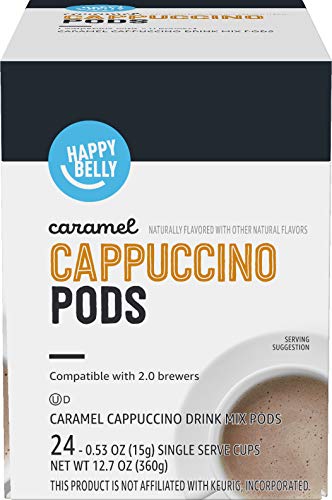 AMAZON BRAND – HAPPY BELLY CAPPUCCINO COFFEE PODS COMPATIBLE WITH K CUP BREWERS, LIGHT ROAST, CARAMEL FLAVORED, 24 COUNT, 12.72 OUNCE (PACK OF 1)