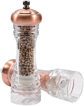 Haomacro Pepper Grinder Set,Clear Acrylic Creative Hand Operated Salt and Pepper Mills, Salt Shakers with Ceramic Grinding Core, Copper–Pack of 2