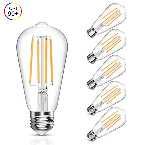Vintage LED Edison Bulb, 6W, Equivalent 60W, Soft White 2700k, Non-Dimmable Led Filament Light Bulb, E26 Base, High CRI 90 Eye Protection Led Bulb, Clear Glass for Home Bathroom Kitchen, Pack of 5