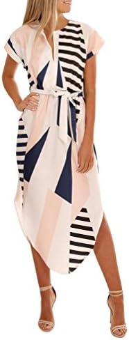 Dress,kaifongfu Women Casual Short Sleeve V Neck Printed Maxi Dress With Belt For Women (M, White)