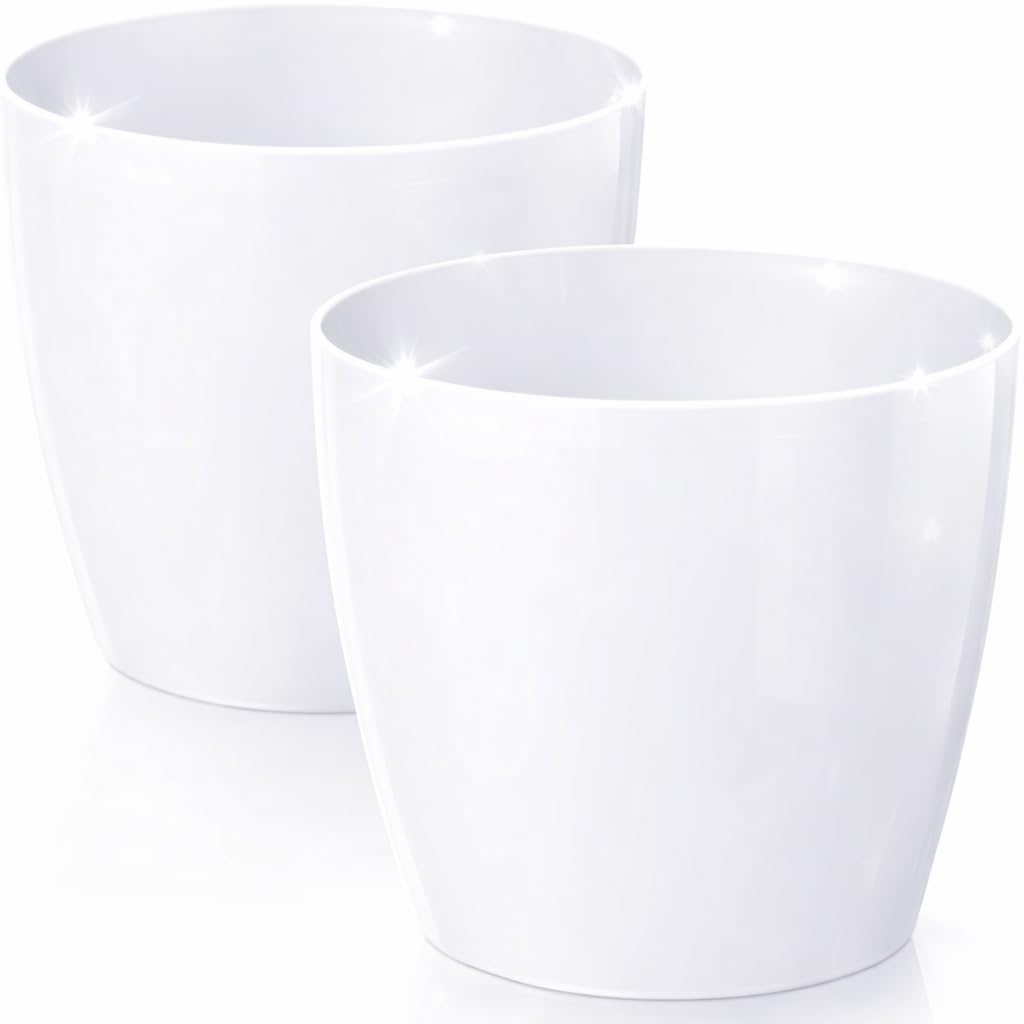 PECZEKO Shiny Flower Pots - Decorative Plant Pots for Flowers & Herbs - Durable & Lightweight Round Plastic Plant Pots for Living Room & Dining Room - Set of 2 - (White, 8.2 inch)