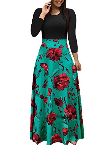 WISEFIN Women's Casual Floral Print Patchwork Dress Long Sleeve Swing Long Maxi Party Dress