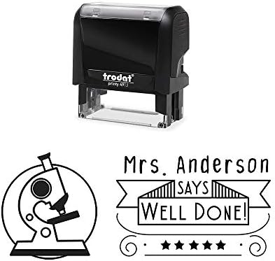 Personalized Classroom Teacher Rubber Stamp, Self-Inking. Well Done, with Banner, Five Stars and a Science Microscope Image. Many Designs, 5 Ink Colors, 3 Lines, All Wording can be Changed!