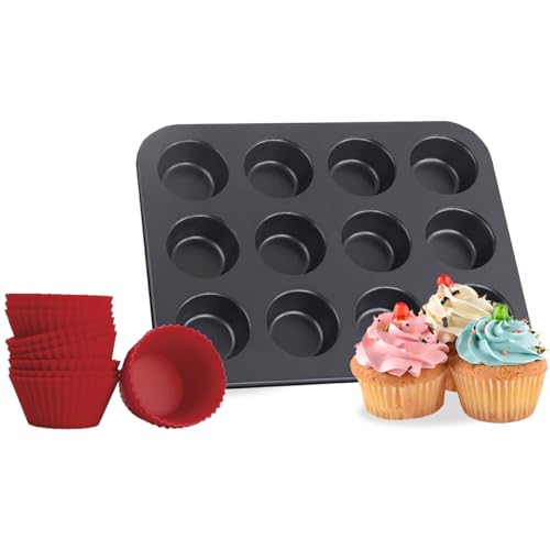 Forma para Cupcake e Muffin - Assadeira com 12 Cavidades Antiaderente, Kit com 12 Forminhas de Silicone, Ideal para Mini Bolo e Air Fryer