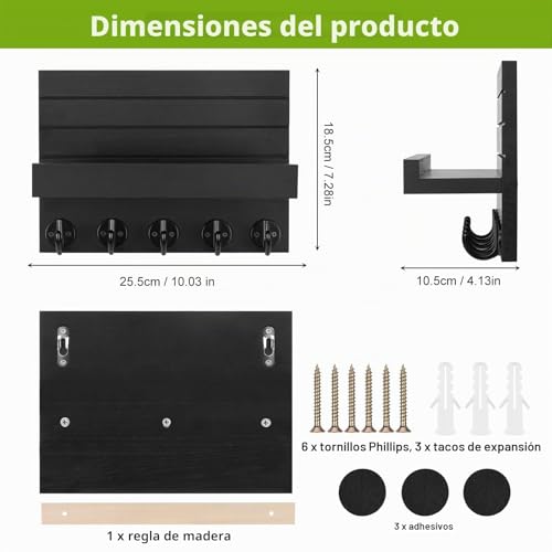 Kldgris Wooden Key Holder Wall Mounted Key Holder Wooden Key Hooks Wall Mounted Key Organizer with 5 Key Hooks for Keys Letter Newspaper (Black)